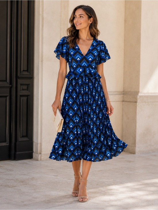 Club Monaco Dresses & Skirts - Club Monaco Blue Geometric Pleated Midi Dress Flutter Sleeve Peplum Size 4